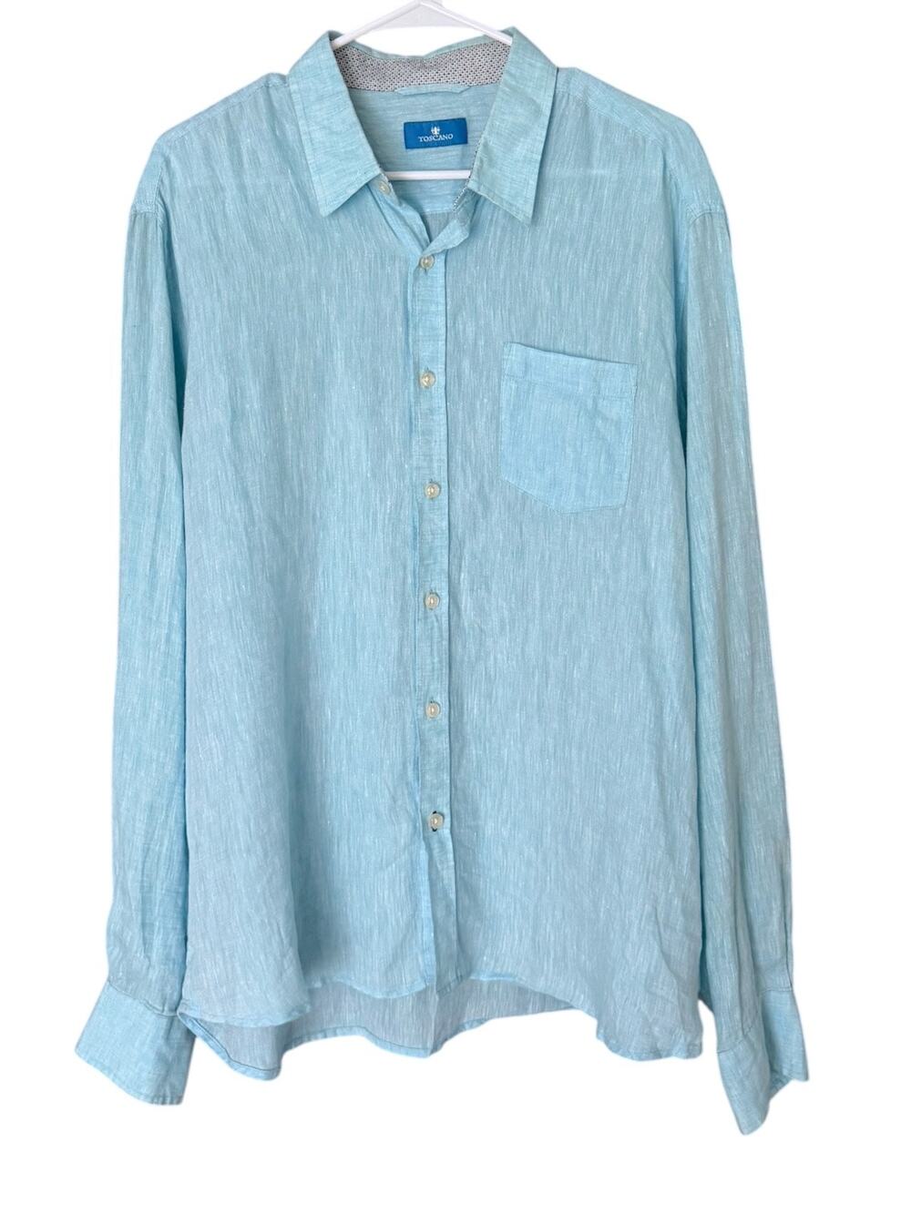 Toscano 100% Linen Button-Front Blouse Men’s XL Teal Blue Pocket Lightweight